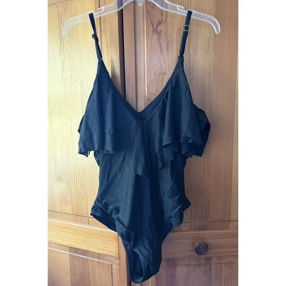 RUUHEE Women’s V-Neck Ruffled Flounce One Piece Black Swimsuit XL
